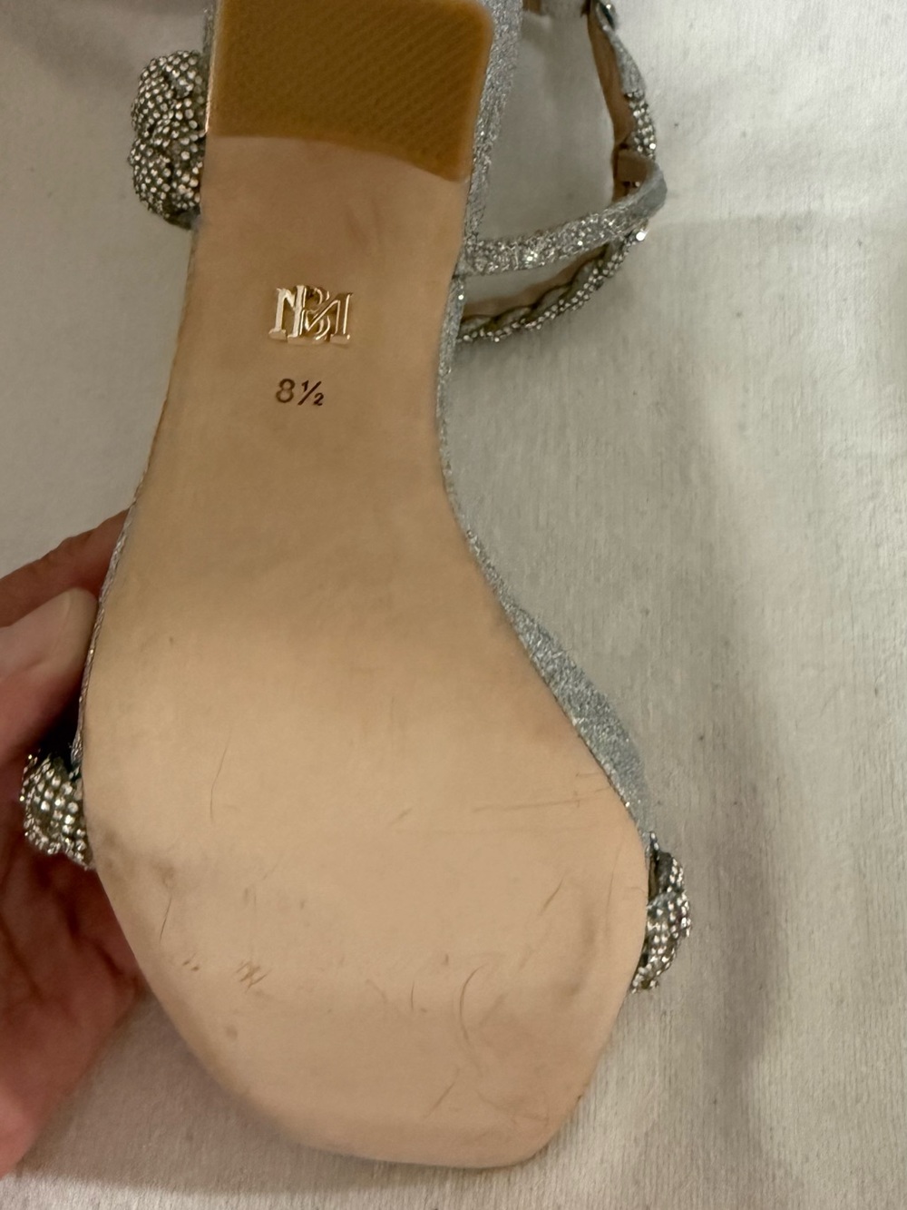 Badgley Mischka Fennel Silver Braided Crystal Strap Spool Heel Sandals - Picture 8 of 9